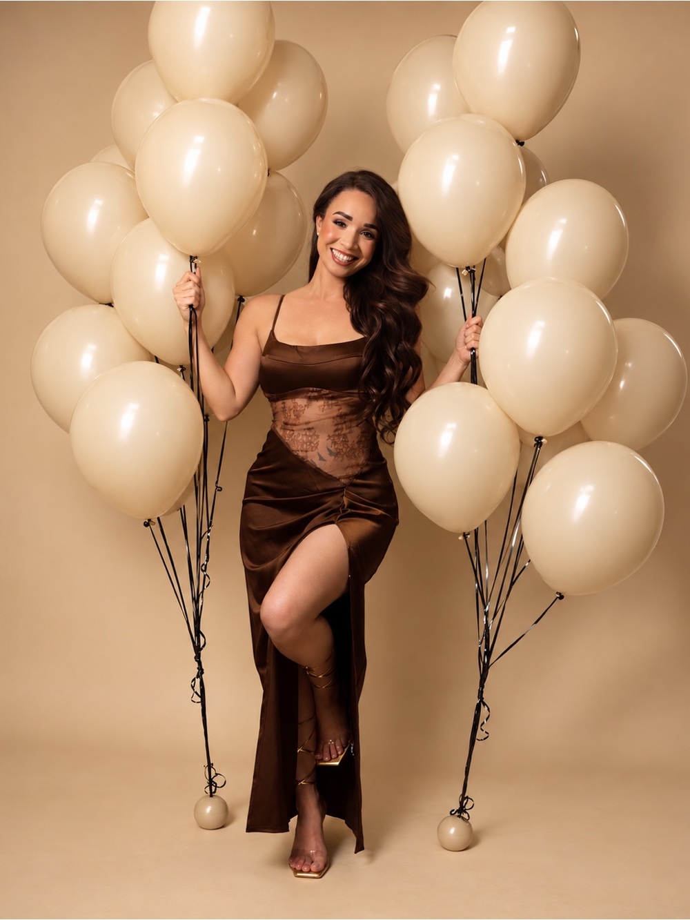 SHEIN Chocolate Brown Satin Lace Side-Slit Slip Dress